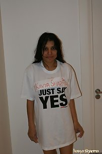 kavya promoting her website with her name shirt on